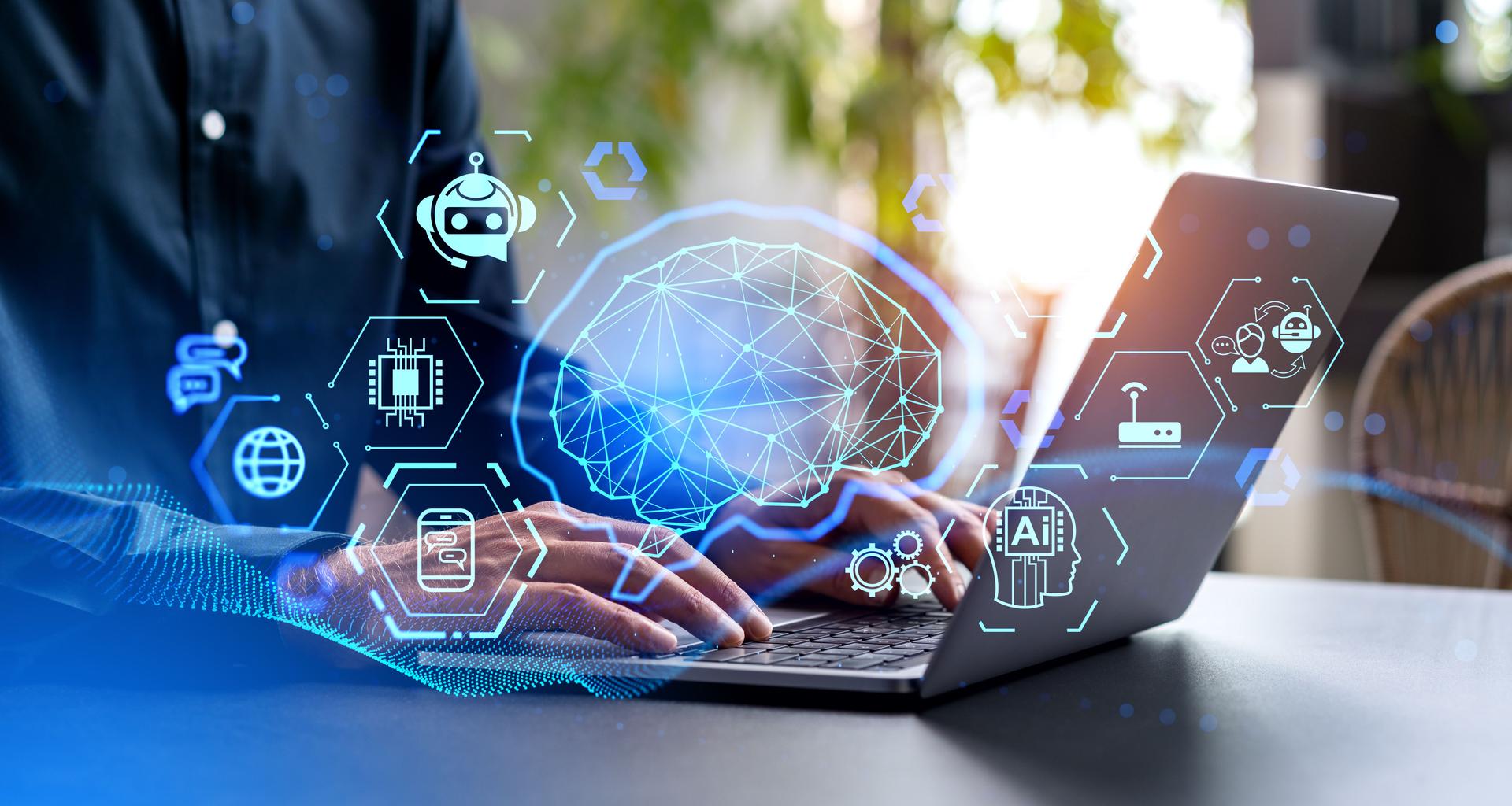 Man hands typing on laptop in office, AI interface