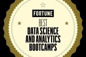 Fortune Best Data Science and Analytics Bootcamps badge with stars on a beige background.