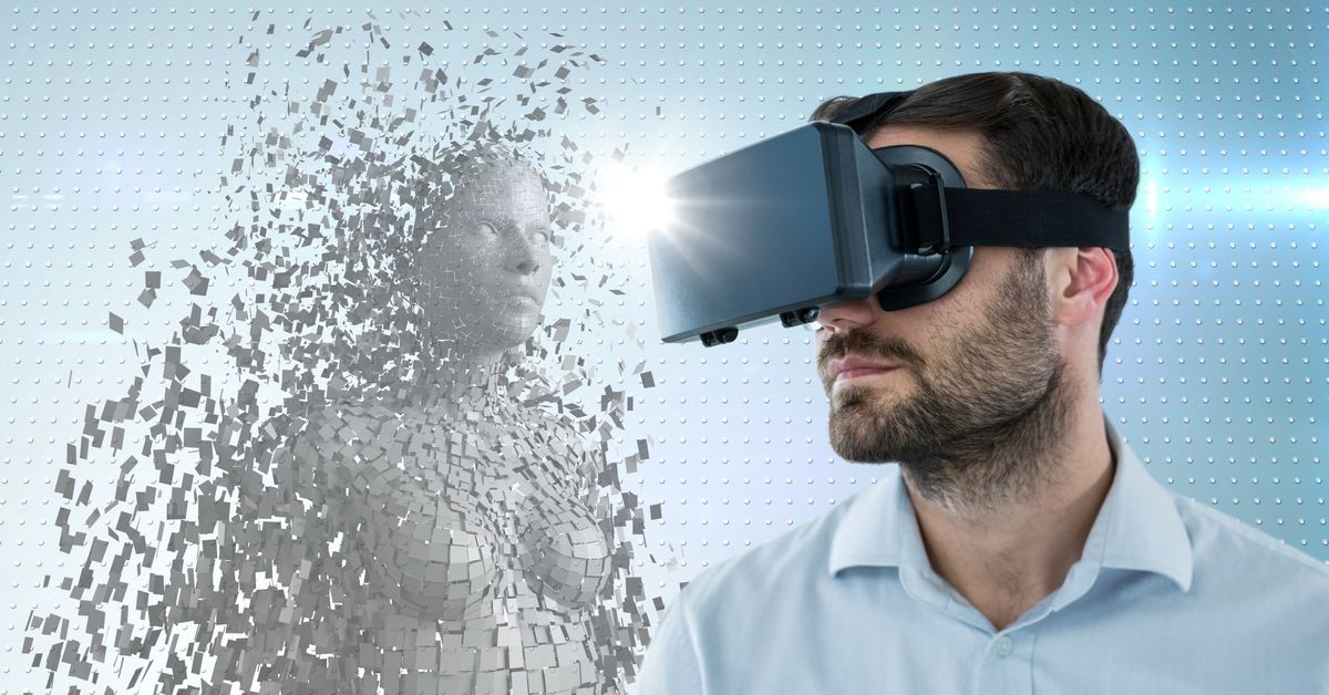 Digital composite of 3D white female AI and man in VR with flare against blue dotted background